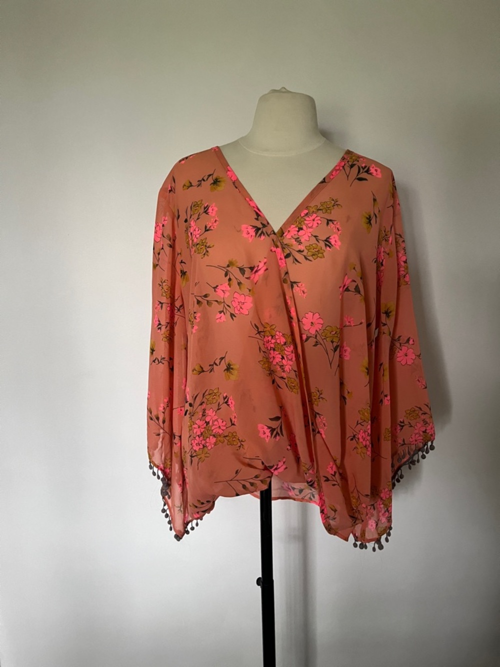 ivy jane Coral Floral V‑Neck Tunic with Pom Trim